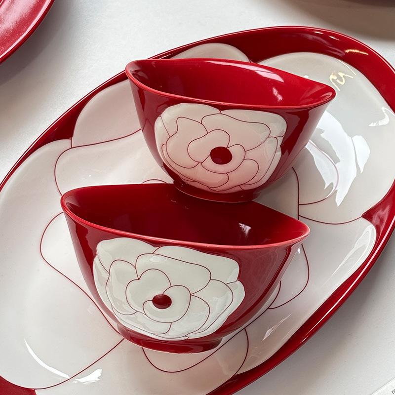 Red Camellia High-Value Ceramic Dishes, Tableware, Souvenir, Wedding Gift, Housewarming, New Home Dish Set