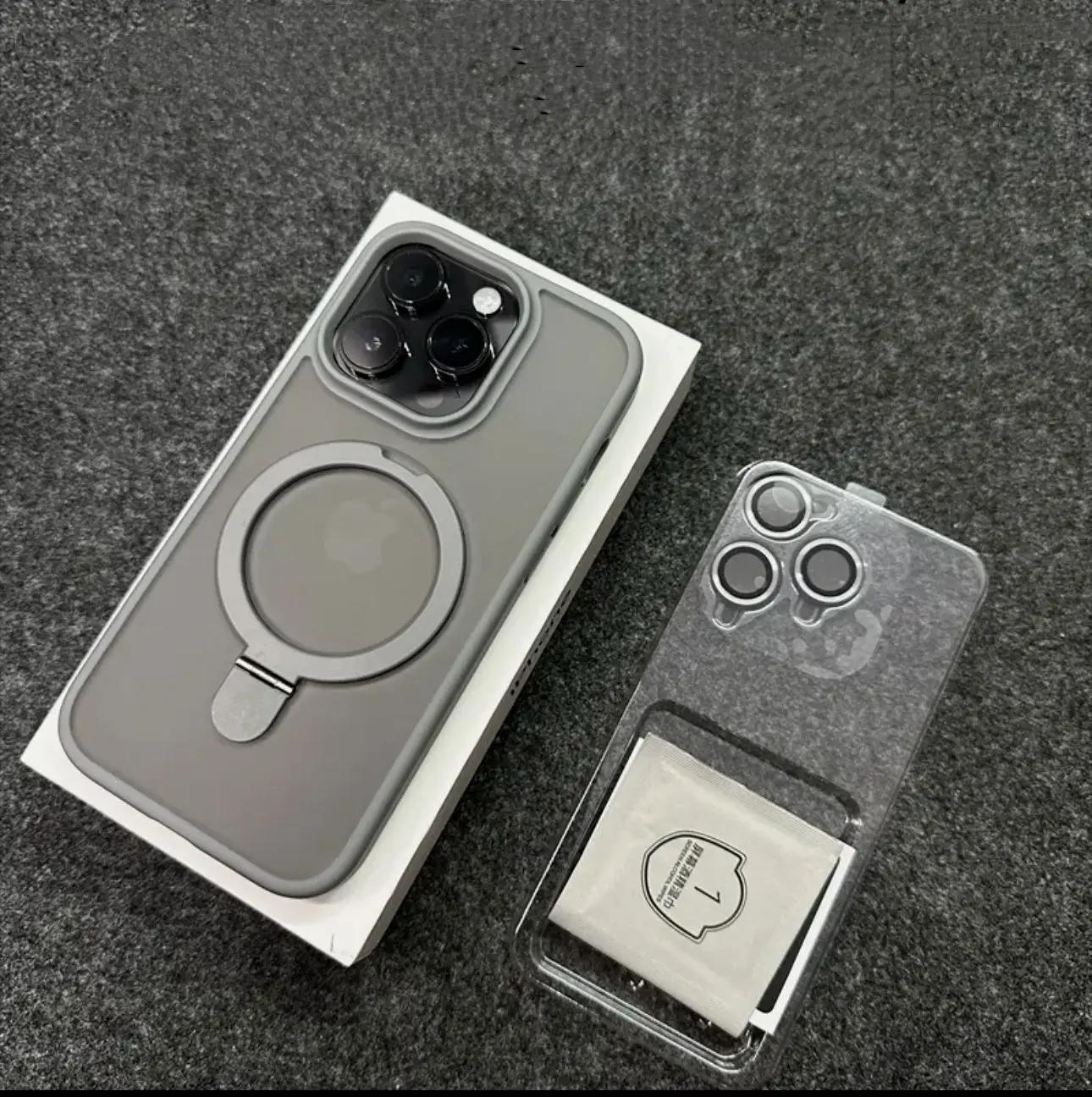 

Металлический чехол-подставка с кольцом и матовым магнитом для Magsafe IPhone 16 15 14 13 Pro Max Plus 16Pro 15Pro с защитой объектива Mac Safe Cover For iPhone 13 Pro серый