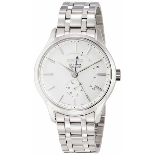 

Seiko Presage Mechanical Watch SARY143, Men s, Silver, White Dial, Power Reserve, Dual Curved Sapphire Crystal, See-Through Back