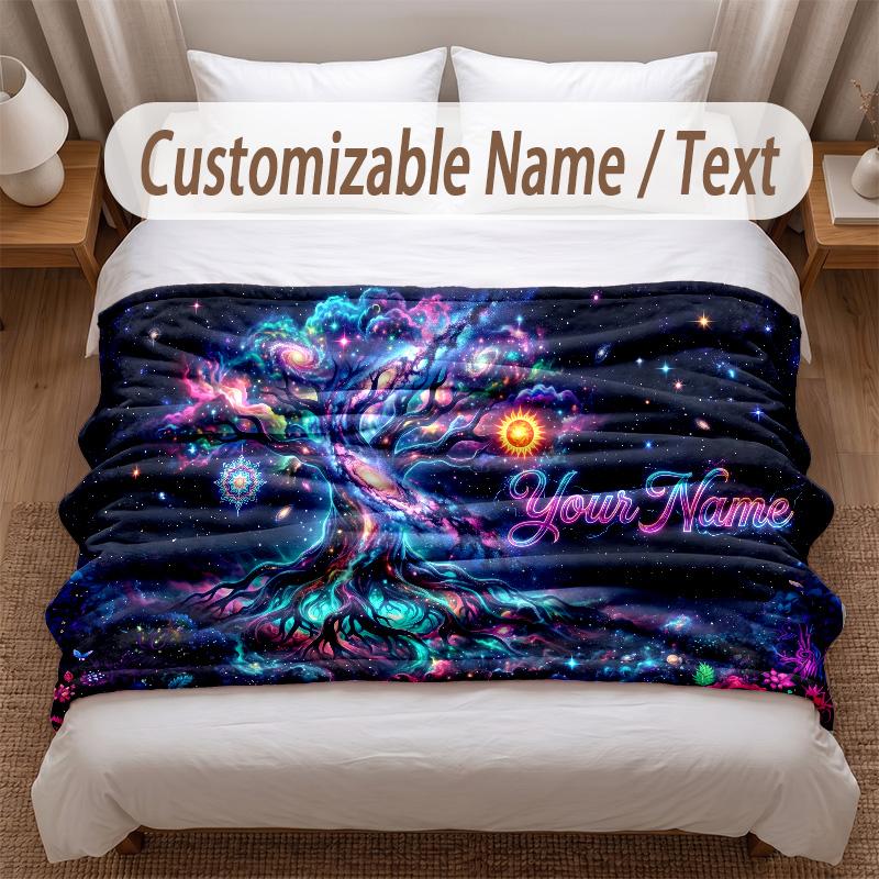 Tree of Life Theme Soft Blanket Personalized Custom Name Text Print Warm Blanket Home Sofa Bedroom Decor