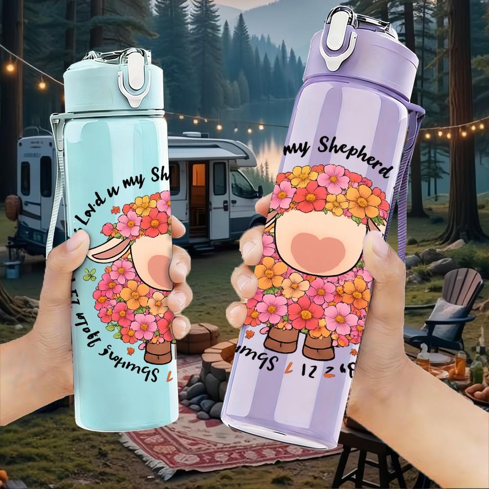 1PC Floral Sheep Circle Text 750ml Color Plastic Sports Water Bottle Leakproof Flip Straw Lid Suitable for Sports Office Home Use