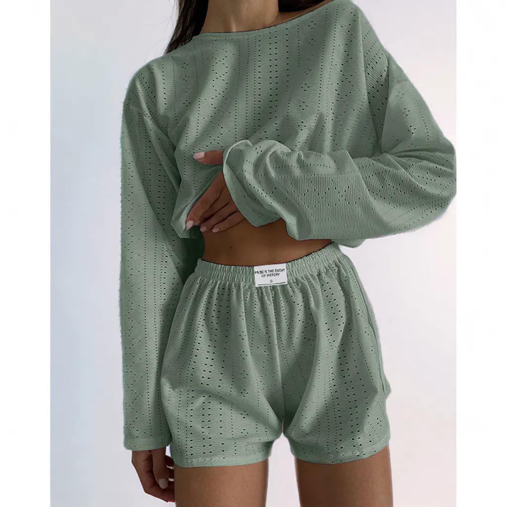 Europäischer und amerikanischer Damen Frühling/Sommer Slim-Fit Set: Lockeres Pullover-Top & Shorts, Schlichter, modischer, vielseitiger Stil