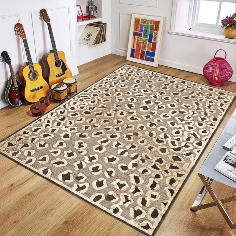 Bohemian Leopard Print Area Rug Non-Slip Washable Stain-Resistant Low-Pile Floor Mat for Living Room, Hallway and Bedroom Decor