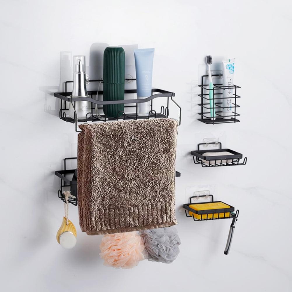 6Pcs Set 6-Hook Style Punch-Free Carbon Steel Storage Basket Bathroom Draining Organization Rack