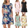 Women Summer Short Sleeve Flower Printed Pockets Sundress Casual Swing Dress