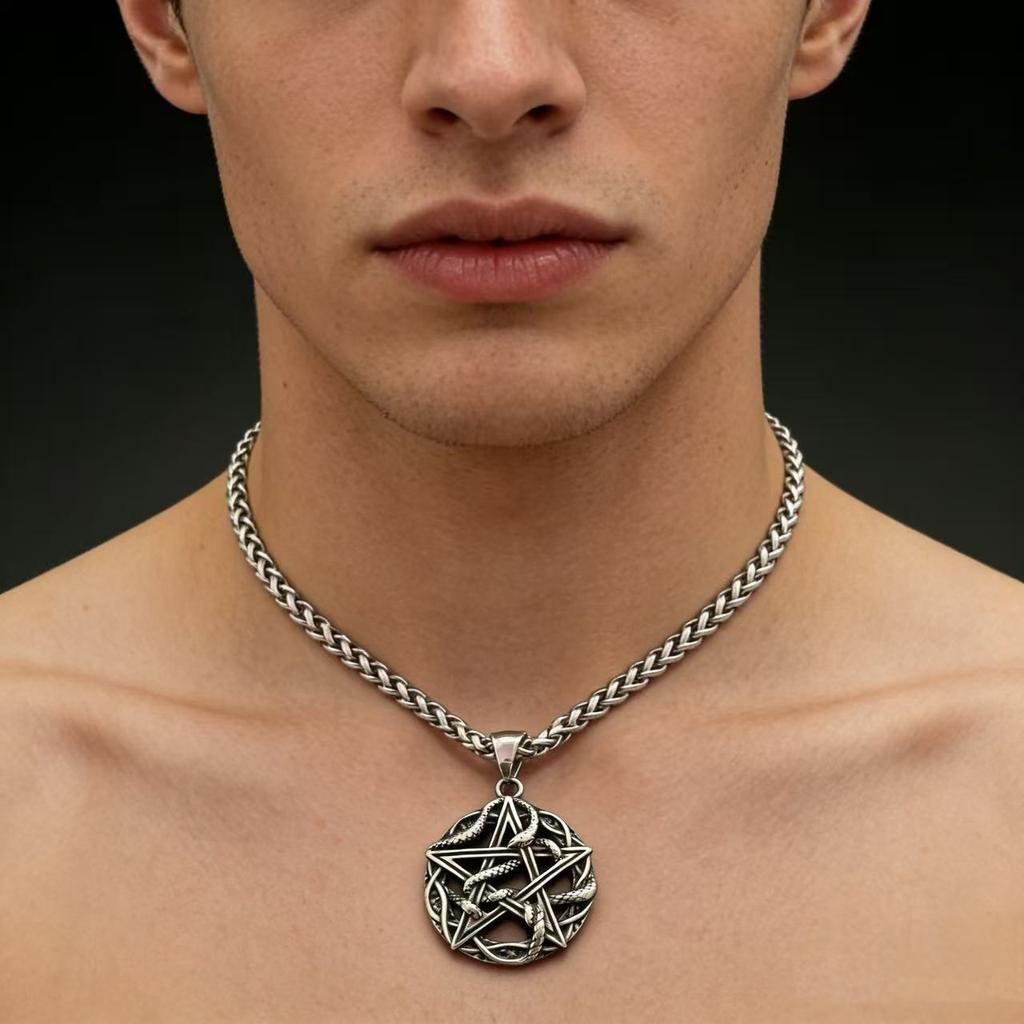 316L Stainless Steel Gothic Pentagram Snake Necklace For Men Mysterious Rune Pendant Gothic Jewelry Accessories