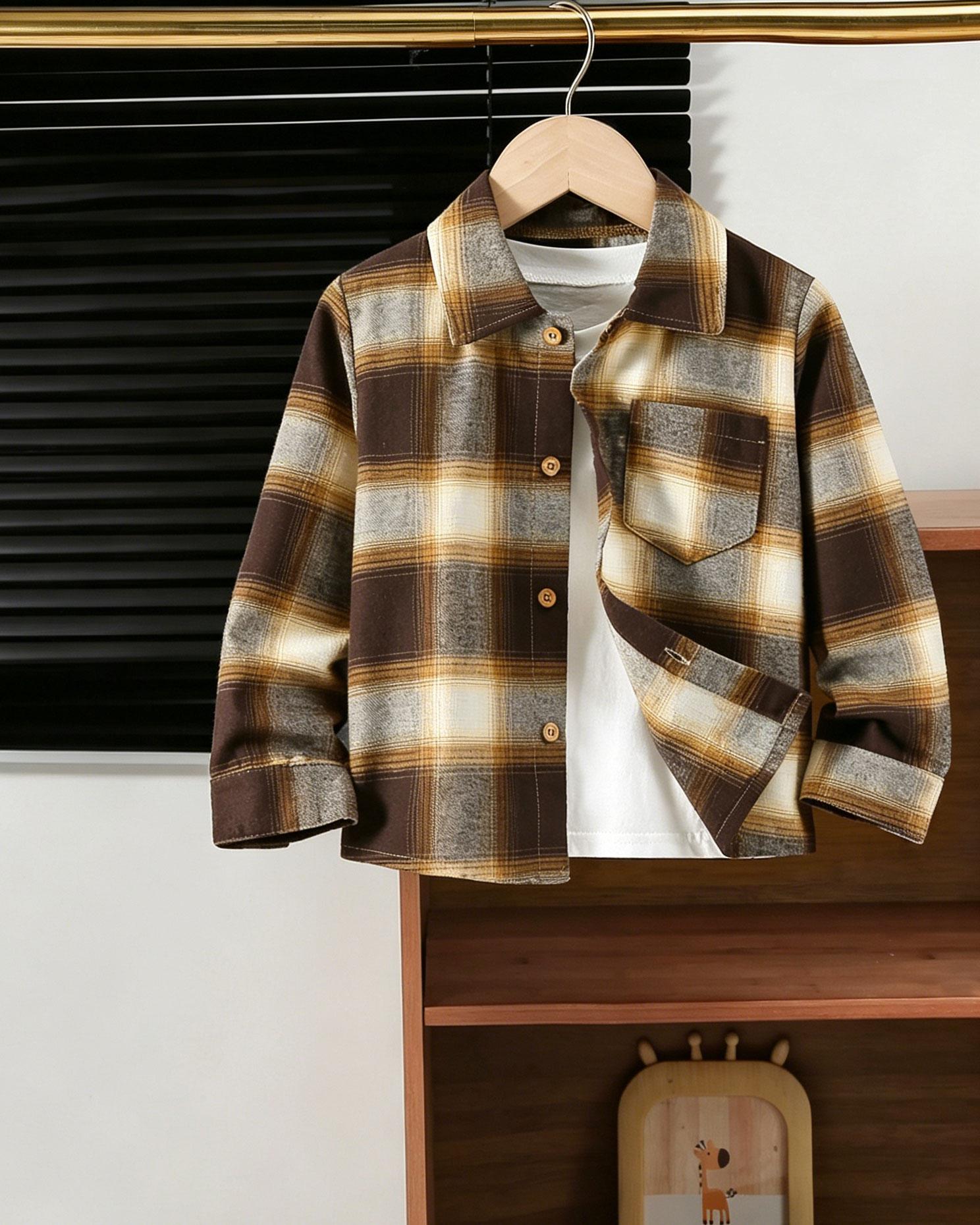 Single-piece boys fashionable and versatile classic collared plaid button-down brown shirt top 4Y коричневый