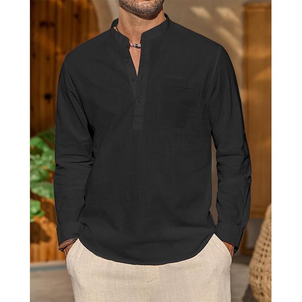 Camicie in cotone e lino per uomo, camicia casual, leggera, a maniche lunghe, con colletto Henley, da spiaggia, maglietta hawaiana da uomo