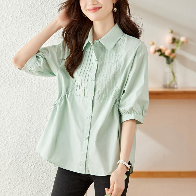 Short-sleeved Summer Pleated Top Loose and Thin Cotton Shirt