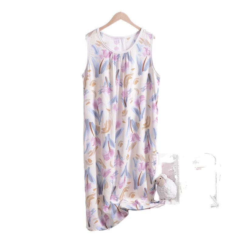 Women's 2025 New Floral Cotton-Silk Blend Sleeveless Nightdress - Plus Size, Loose Fit