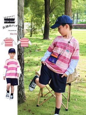 Bawełniany T-shirt dziecięcy w paski w stylu japońskim, wzór górski, chłopięcy z długim rękawem, imitacja dwuczęściowego, kolekcja jesień 2025.