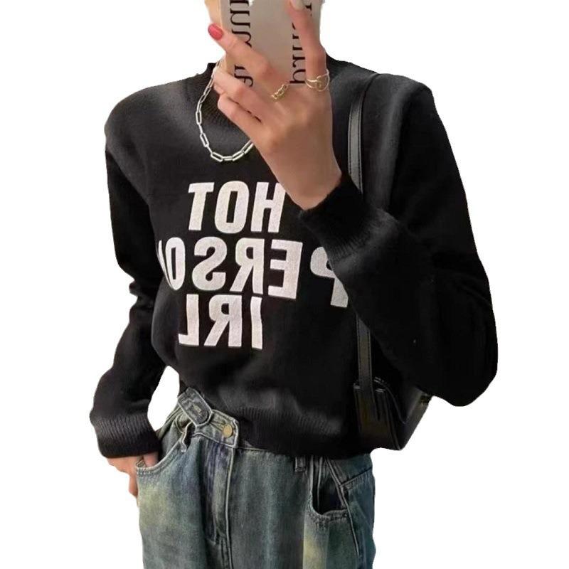 Früher Herbst neuer Retro lockerer Strickpullover mit Buchstabenprint für Damen Rundhals Nische vielseitig langärmliger Pullover