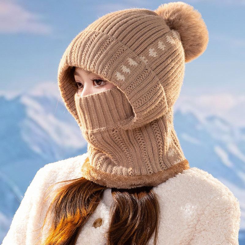 Fleece knitted warm hat women's outdoor cold scarf mask integrated hat winter cycling wool hat