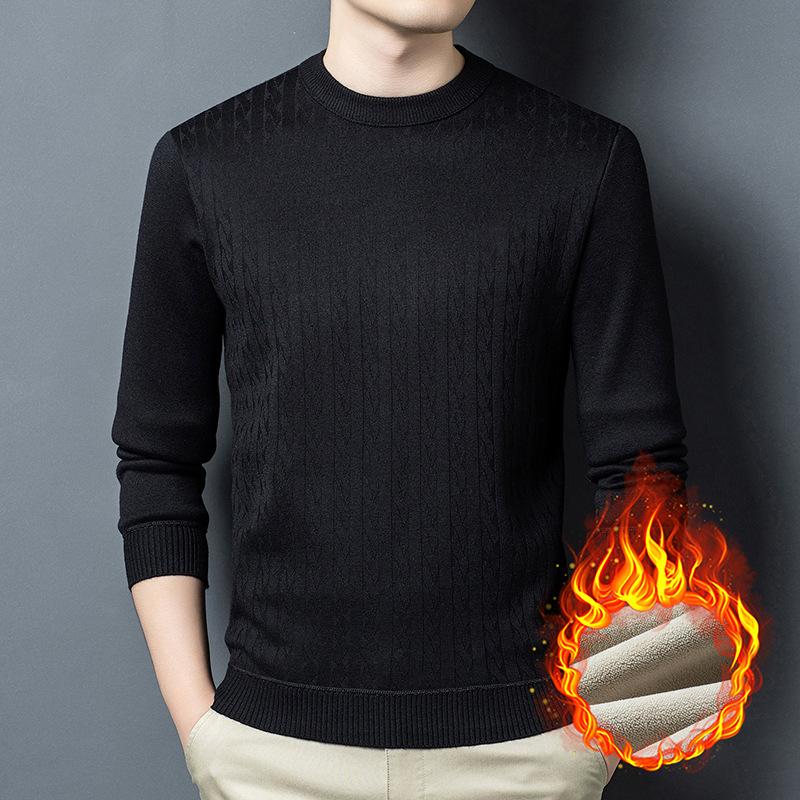 Autumn And Winter Jacquard Fleece Thickened Integrated Fleece Men'S Long-Sleeved Business Casual Crew Neck Sweater Containing Wool Mulberry Silk