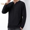 Men Fall Spring Top Buttoned V Neck Long Sleeves Pure Color Loose Pullover T-shirt Daily Wear Sport Homewear Clothes
