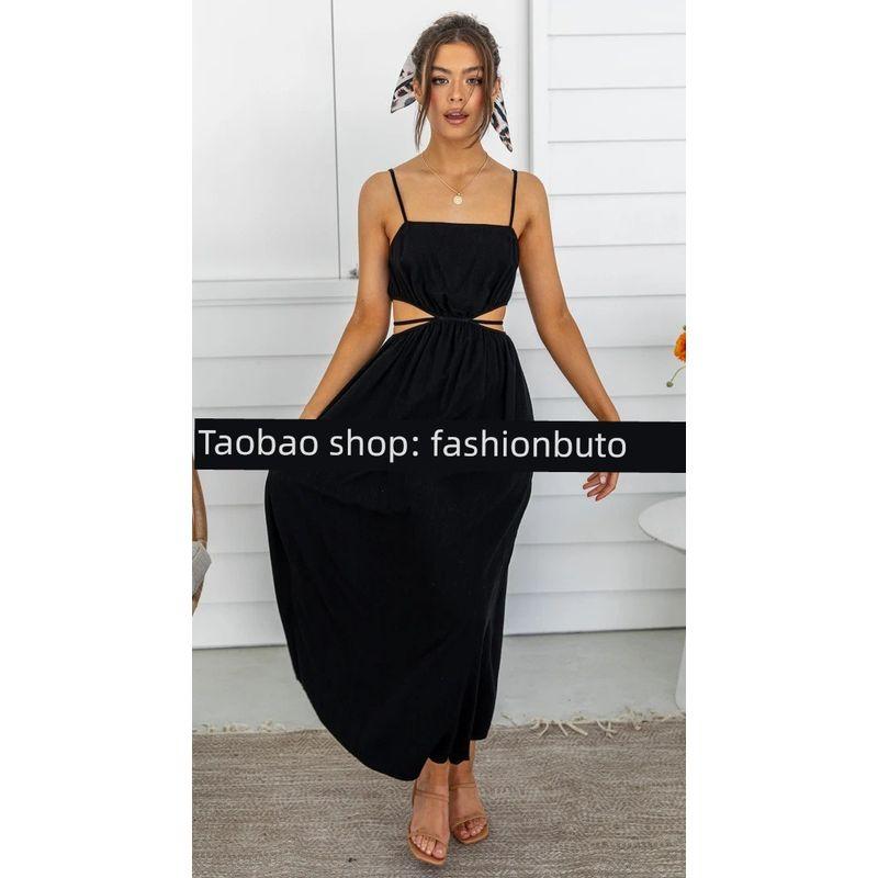 

2023 Lace up Open Waist Suspended Cotton Hemp Dress Dress Black S