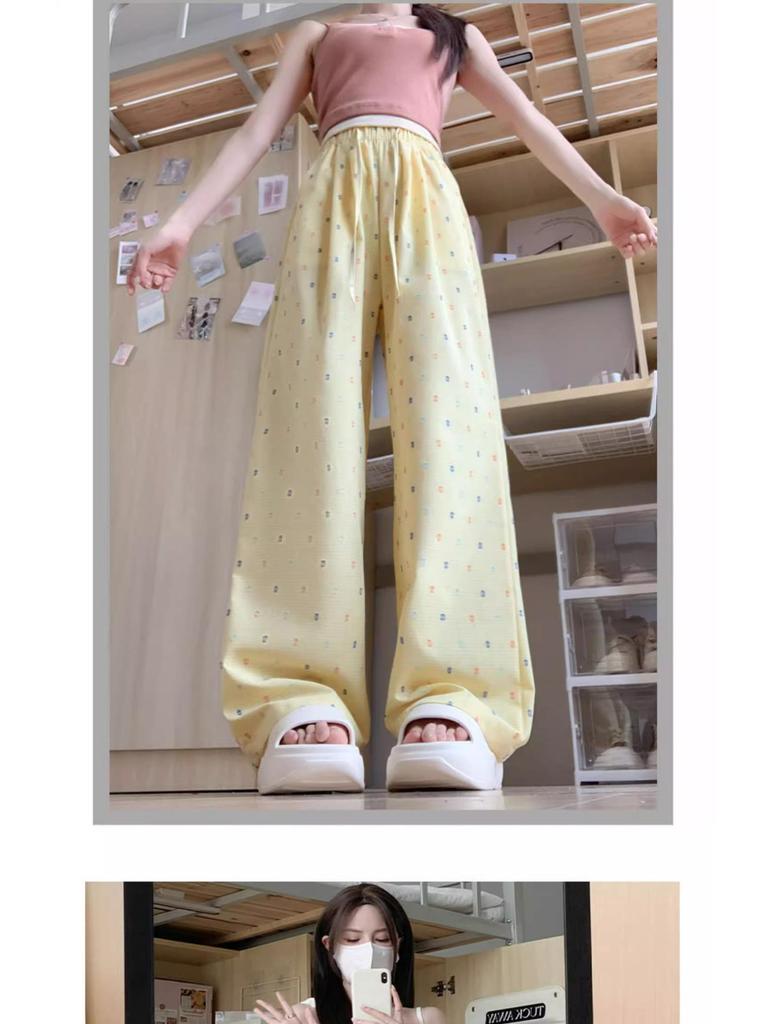 Women's High Waist Blue Polka Dot Straight Leg Pants - Summer Petite Ice Silk, 145-150cm, Wide Leg Design.