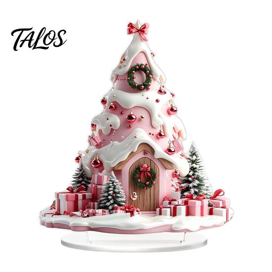 Colorful Acrylic Christmas Crafts Winter Tree Cottage Table Decoration, Double Sided Xmas Cabin Ornament Fairy Tale Igloo Decor with Stable