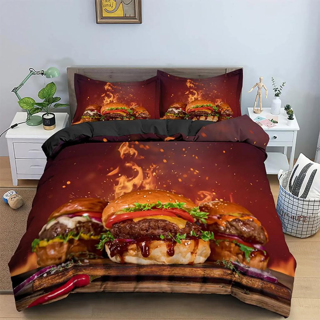 Hamburger Fast Food Theme Comfortable Duvet Quilt Cover Pillowcase Bedding Set Children Bedroom Decoration Home Textile