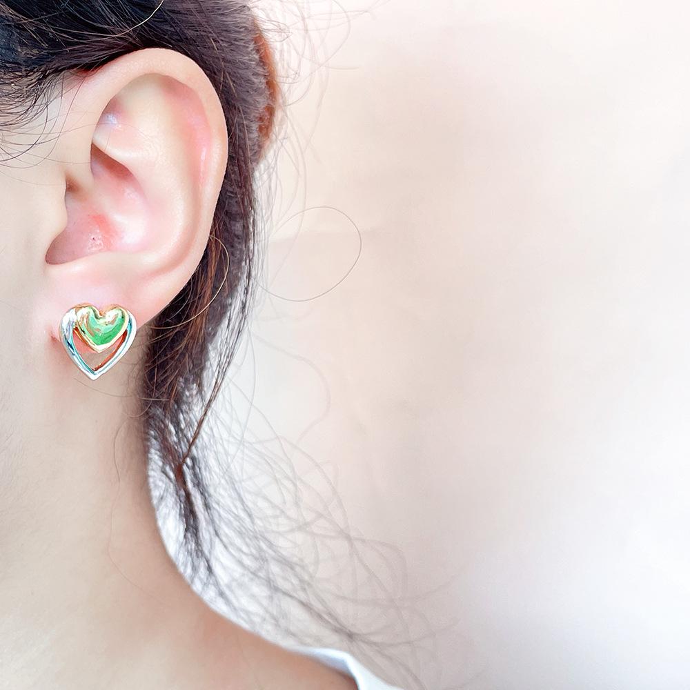 European & American Style Double-Layer Color Heart Stud Earrings - Versatile Fashion Jewelry for Women