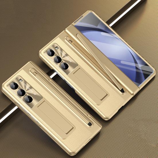 Phone Case for Samsung Z Fold 6 PC Shell with Pen Slot Spring Hinge Protection & Integrated Kickstand Full-Body Cover with Tempered Glass Screen Guard