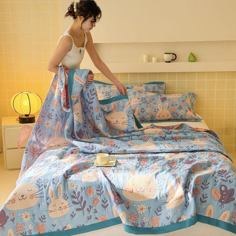 1pc Cotton Three-layer Gauze Towel Quilt Throw Blanket, Towel Blanket Bed Cover Summer Cooling Quilt, Soft Breathable Lightweight Cozy Blanke