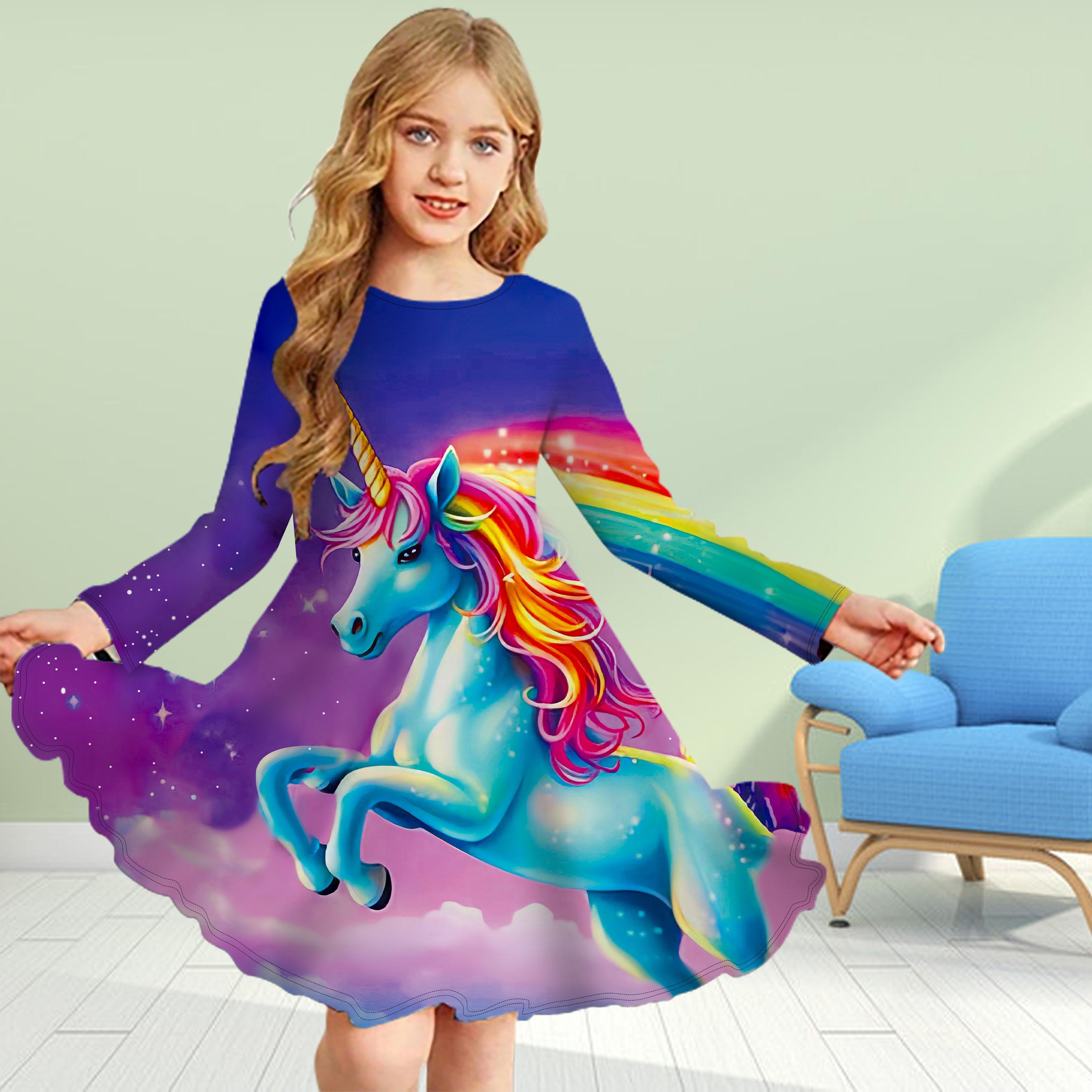 

Повседневное платье для девочек с 3D-принтом и принтом «Атака робота-единорога», с круглым вырезом и длинными рукавами, детское платье принцессы 80 чёрный