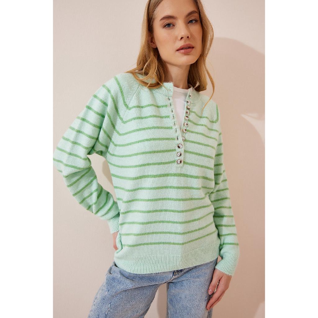 Gestreifter Strickpullover mit Knopfkragen in Knochenschwarz für Damen Lx00040