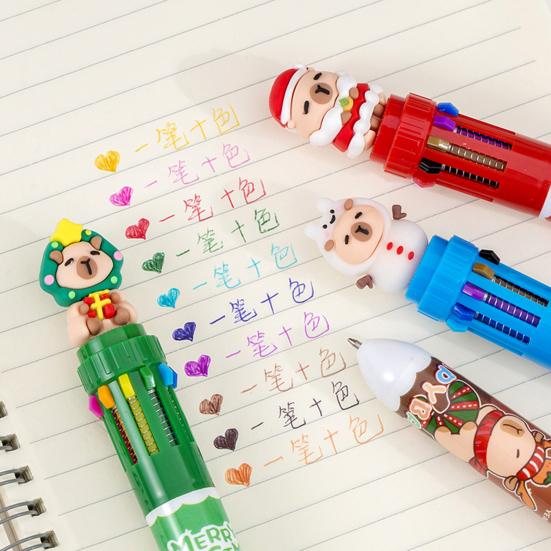 Christmas 10-Color Ballpoint Pen Santa Snowman Topper Designs Pen Multi-Color Writing Tool Fun Holiday Gift for Students Friends