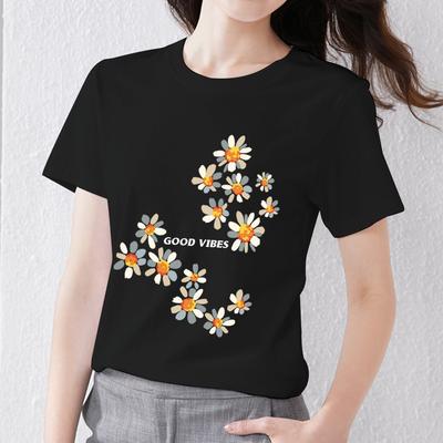 Women's T-shirt Casual Slim Round Neck Black Basic Soft Classic Daisy Pattern Print Breathable Comfortable Youth Women's Top