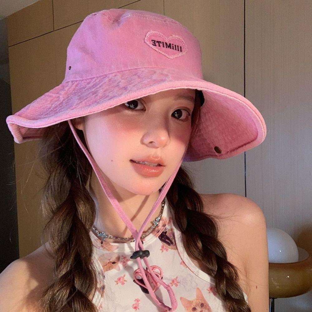 Foldable Summer Ladies Sun Hat With Drawstring Heart Embroidery Fisherman Hat Wide Brim Windproof Western Cowboy Hat