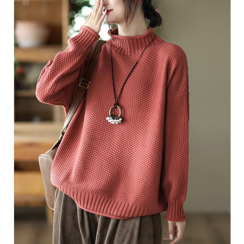 Maglione Lavorato a Maglia Autunno Inverno da Donna Taglie Forti Stile Coreano Top Ampi Mezzo Collo Alto Maglia Base Ampia Pullover
