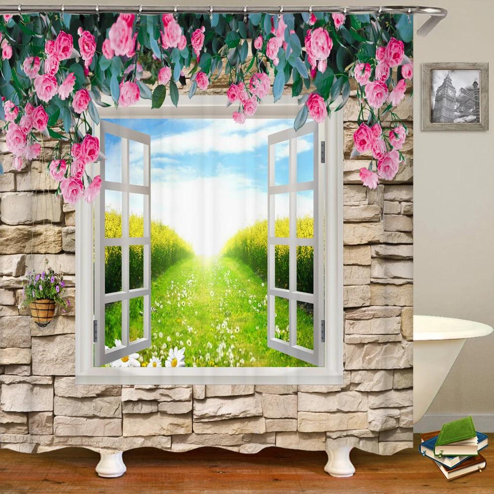 3D European Rural Flower Landscape Printing Bathroom Waterproof Shower Curtain Polyester Bath Curtain Home Decoration Curtain