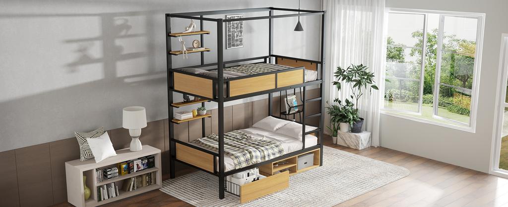 Bunk Bed, Iron + MDF, Double Shelf Board On the Side, Storage Space Under Bed, Bed Curtain Can Be Attached To Upper Bed, Black + Natural, 90x200cm