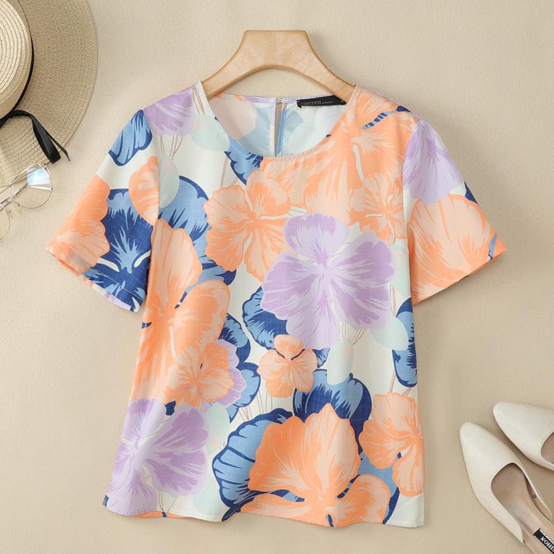 ZANZEA Women Casual Round Neck Summer Short Sleeve Print Blouse