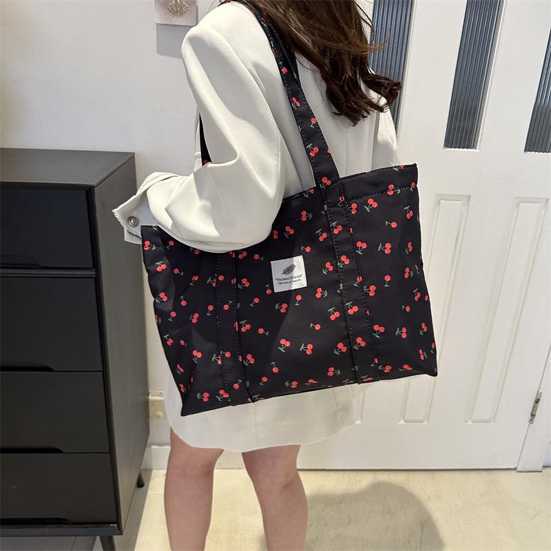 Stylish Cherry Print Tote Bag - Large Capacity Floral Shoulder Bag for Women, Summer 2025 Collection