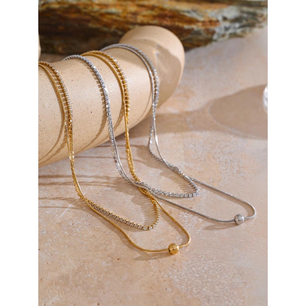 Yhpup Bling Cubic Zirconia Double-Layer Chain Stylish Necklace Exquisite Collar Jewelry Gold & Platinum Color Plated for Women