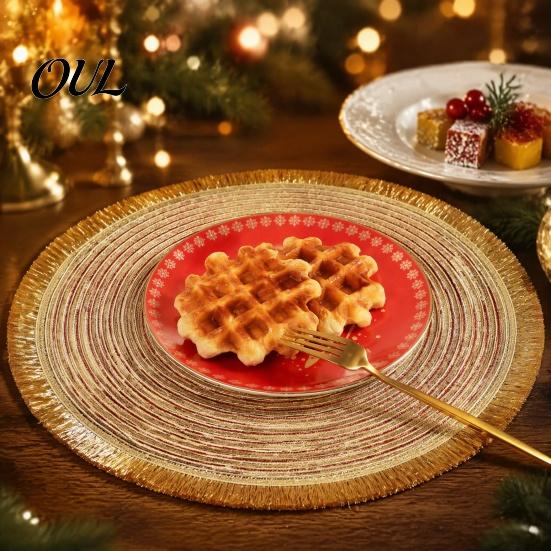 Festive Red Gold Silver Placemat Christmas Round Table Mat with Tassel, Heat Resistant PP Placemat, Non Slip Kitchen Pad Waterproof Decorative