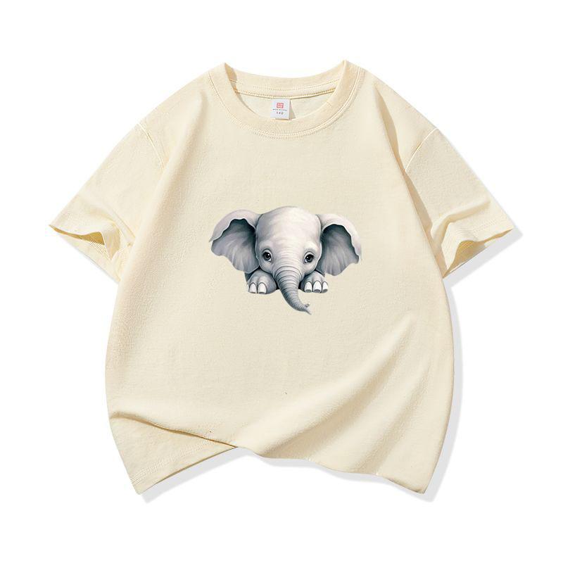 Kids Cotton T Shirt Cute Peeking Little Elephant Print Crew Neck Short Sleeve Tee Casual Breathable Boys Girls Summer Tops
