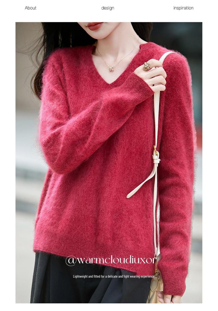 Autumn/Winter 2026 Cashmere Wool V-Neck Knitwear: Long Sleeve Solid Color Soft Sweater Top