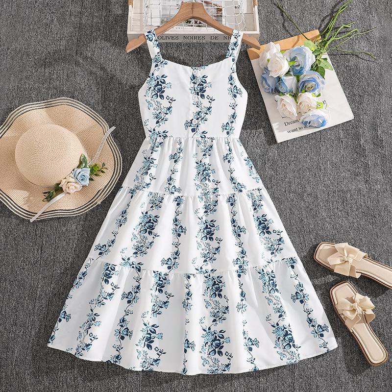 Girls  Fashionable Floral Bow Tie Dress for Summer, Children s Elegant Strapless Princess Dress 130cm=8Y синий