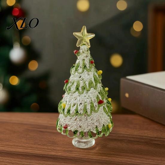 Festive Desk Decoration Hand Blown Glass Christmas Tree Figurine with Golen Star, Atmosphere Decor Mini Xmas Ornament, Handmade Desktop Holiday