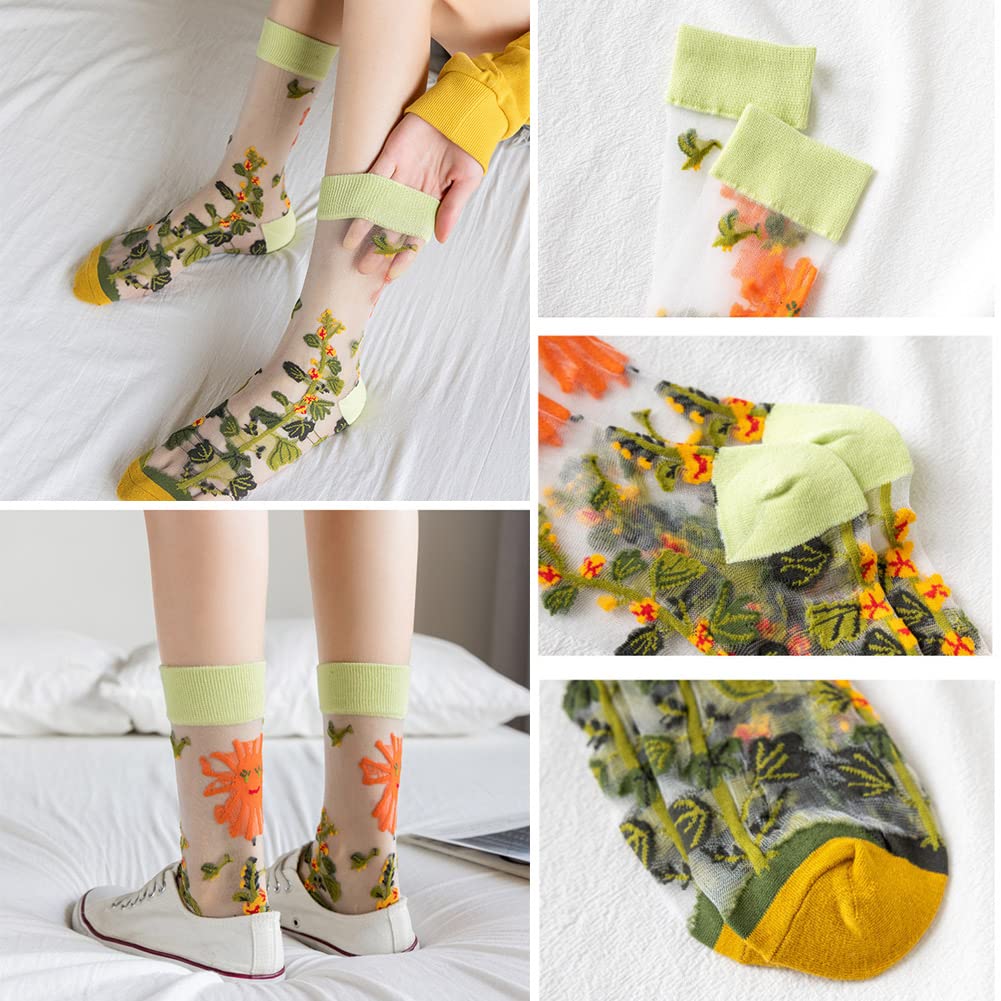 Tulle Floral Print Lace Cotton 5 Pairs in Mixed Perfect for [WETURAST] Women's See-Through Socks, Socks, Embroidery, Transparent, Thin, Cute, Stylish,