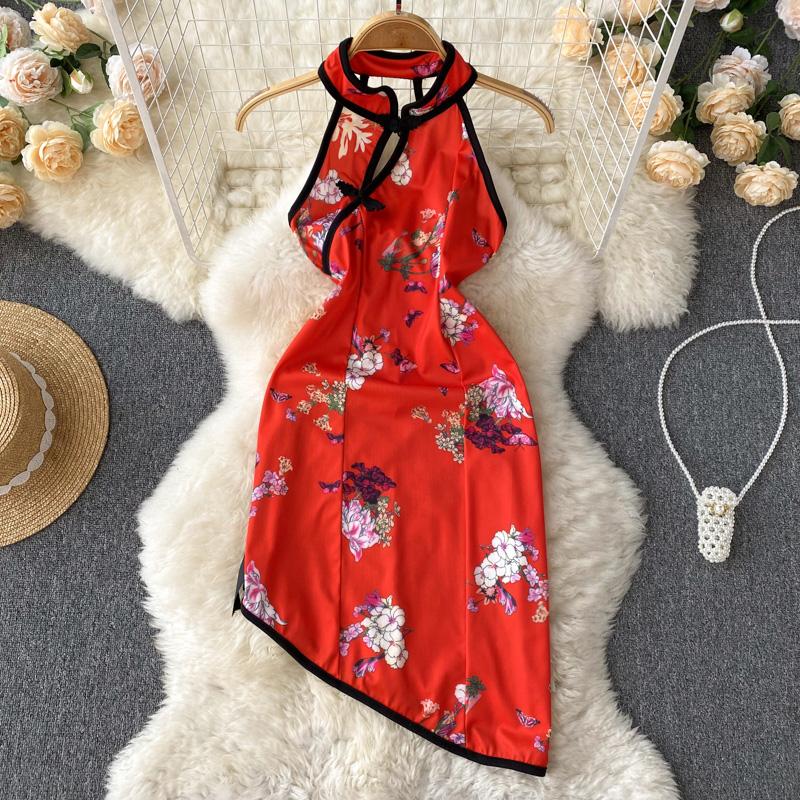 

RUGOD сексуальное платье Cheongsam в китайском стиле с принтом в стиле ретро и открытой спиной, сексуальное тонкое платье на бедрах для женщин S чёрный