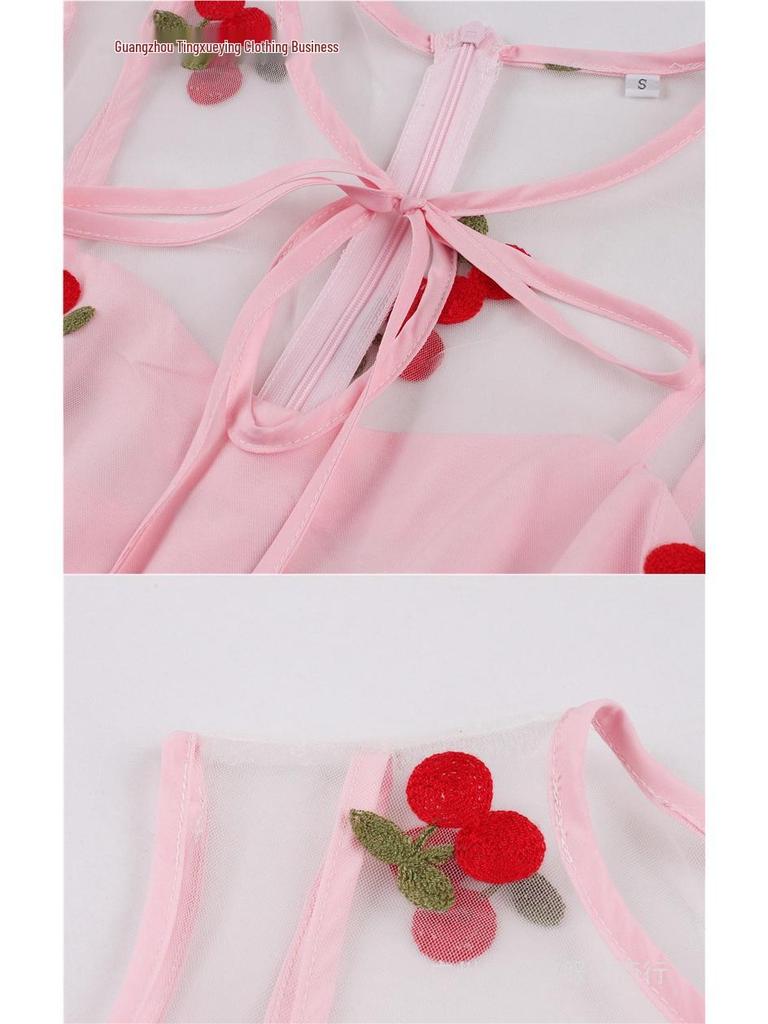 Women's Christmas Mesh Embroidered Midi Dress with Waist-Cinching and Sleeveless Design