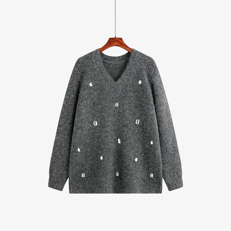 

Женский свободный стильный свитер с V-образным вырезом больших размеров XXL серый