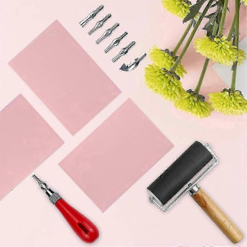 4 Pack Rubber Block Stamp Carving Blocks with Cutter Tools and Rubber Brayer Roller for Printmaking, Crafts, DIY Stamp Carving