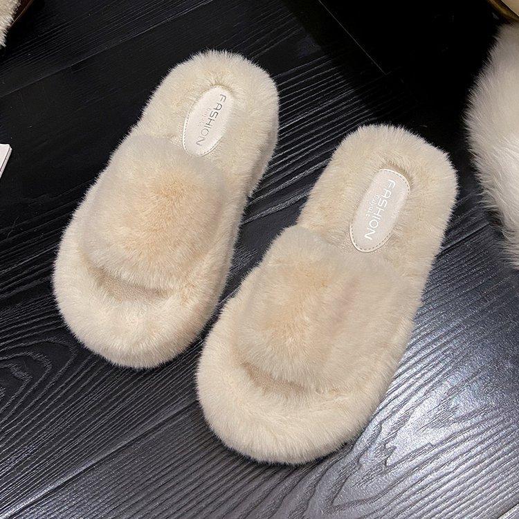 White comfortable Internet celebrity heightening non-slip thick bottom fluffy slippers women's autumn wear 2024 new indoor home cotton mop