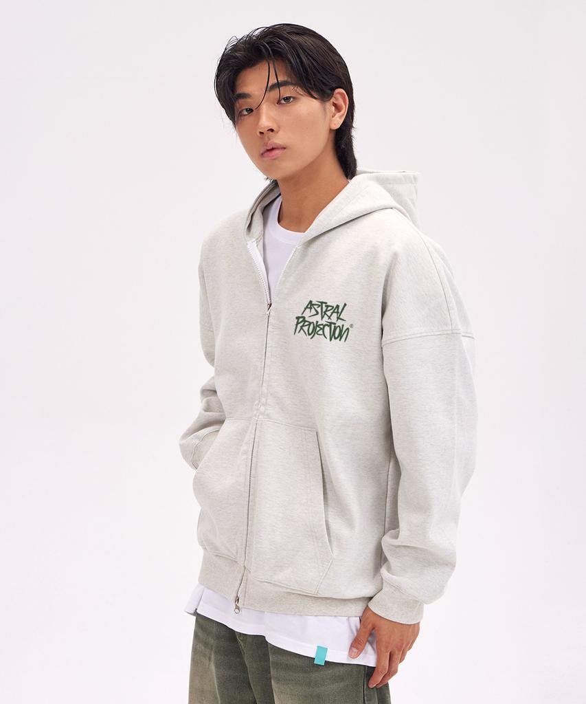 Astral Projection Graffiti Lettering Oversized Wide Shoulder Zip-Up Hoodie_Oatmeal