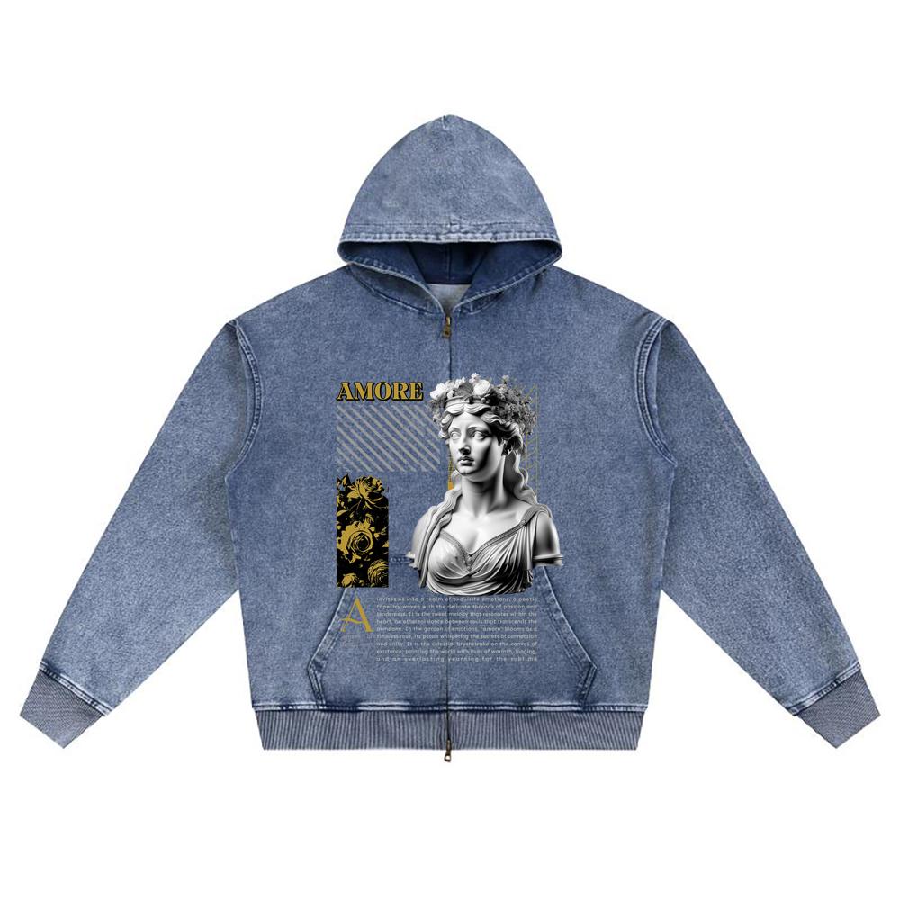 DTG-Druck Gestrickter Denim Zip-Up Hoodie Amore Brother Print Reißverschluss-Hoodies